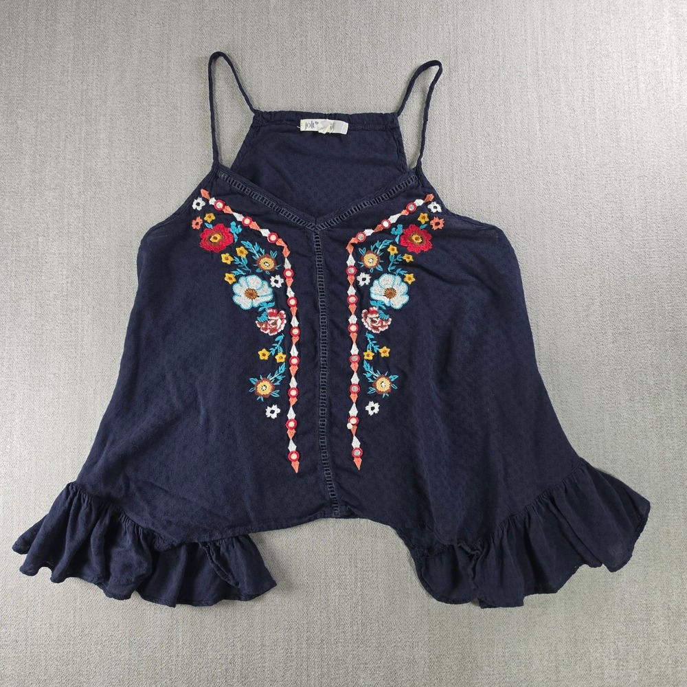 Jolt Embroidered Camisole Women Large Navy Blue Floral Boho‎ Ruffle Tank Top